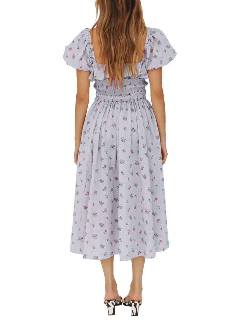 R.Vivimos Womens Summer Floral Print Puff Sleeves Vintage Ruffles Midi Dress (Medium, Gray) - Image 2